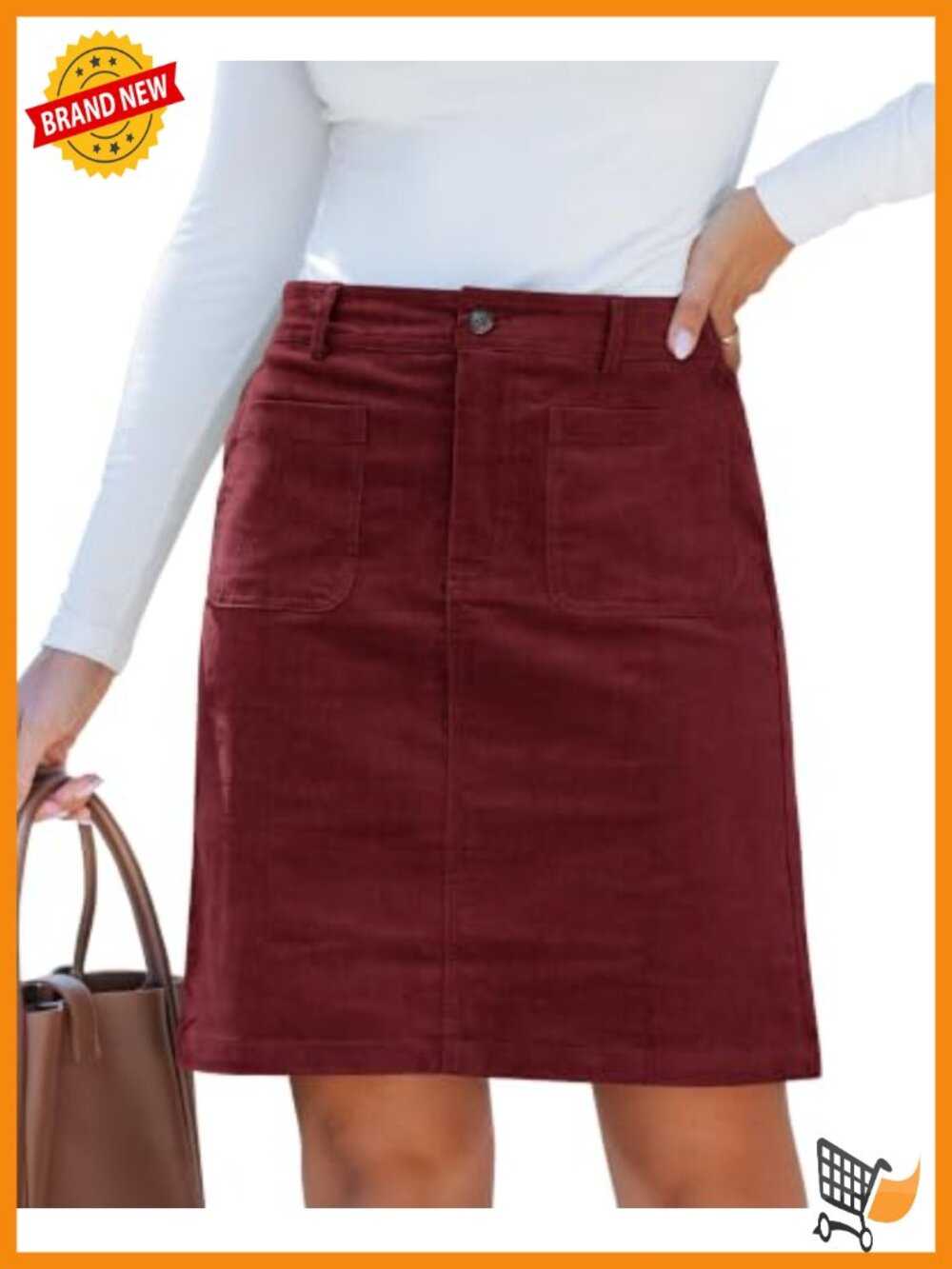 Corduroy High Waisted Pencil Skirt with Patch Pockets & Elastic Waist